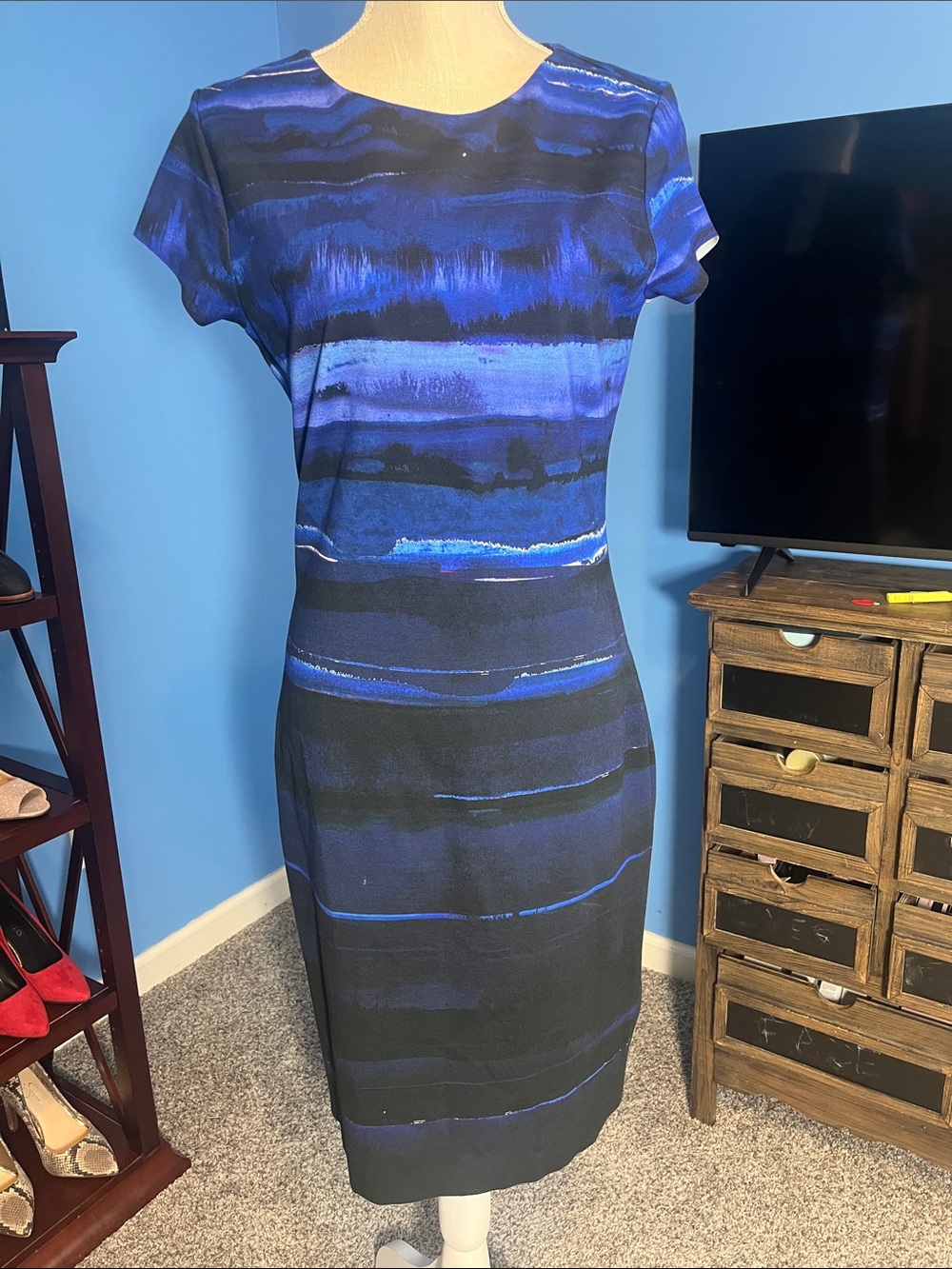 Phase Eight Blue & Black Striped Midi Sheath Dress